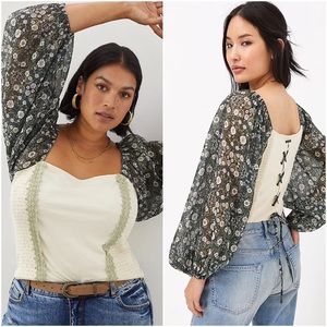 NWT ANTHROPOLOGIE SMOCKED BALLOON-SLEEVE TOP IN MOSS